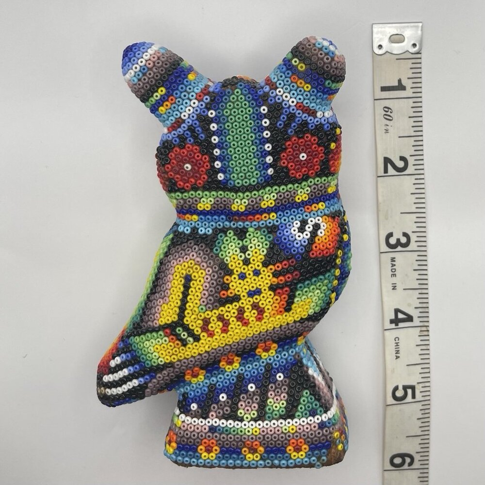 Mexican Huichol Beaded Owl Figurine Handmade Folk Art Wixárika Bead Sculpture 6" - Picture 13 of 16